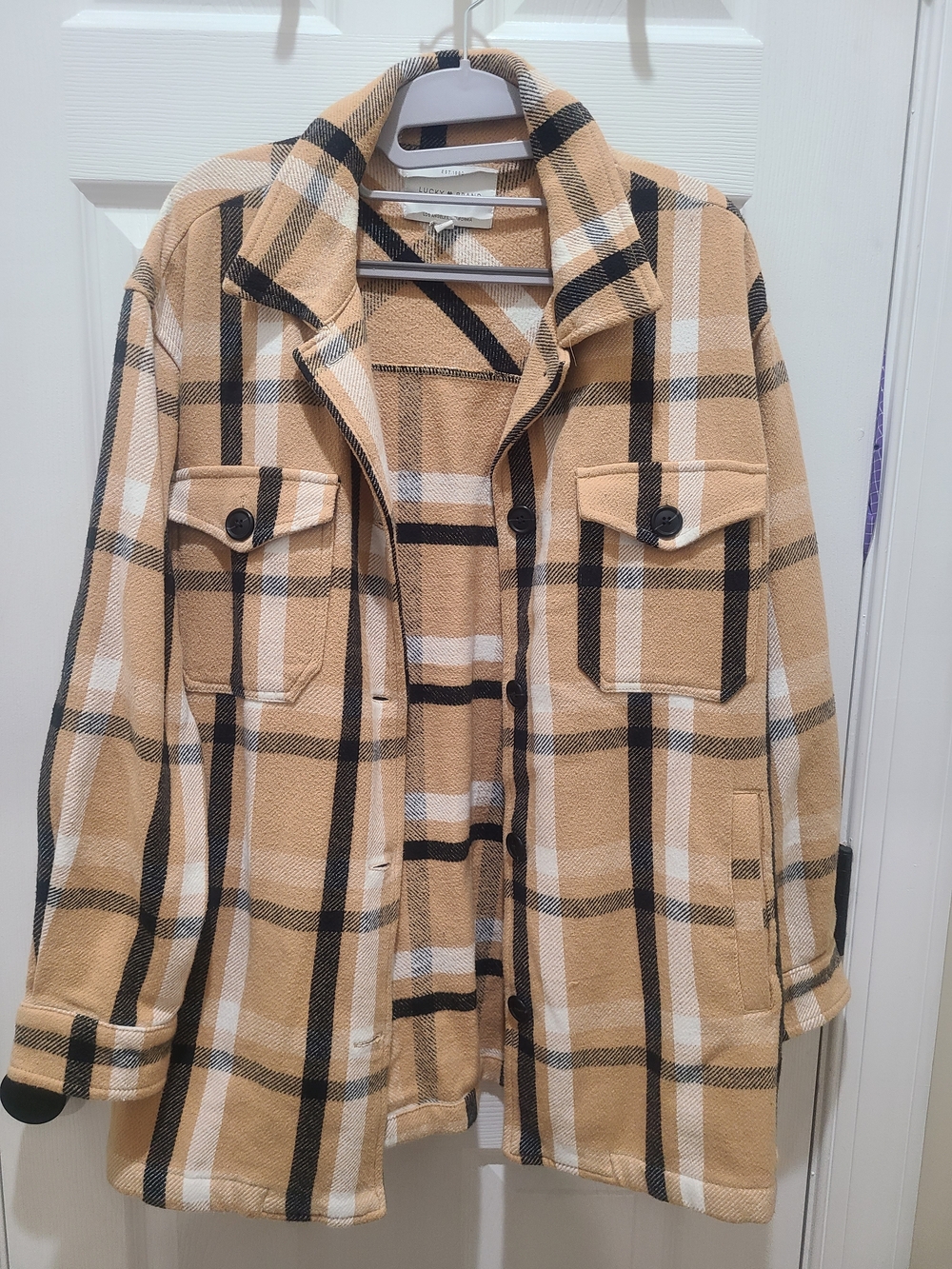 Lucky Brand Camel Plaid Utility Shacket with Black & White Stripes